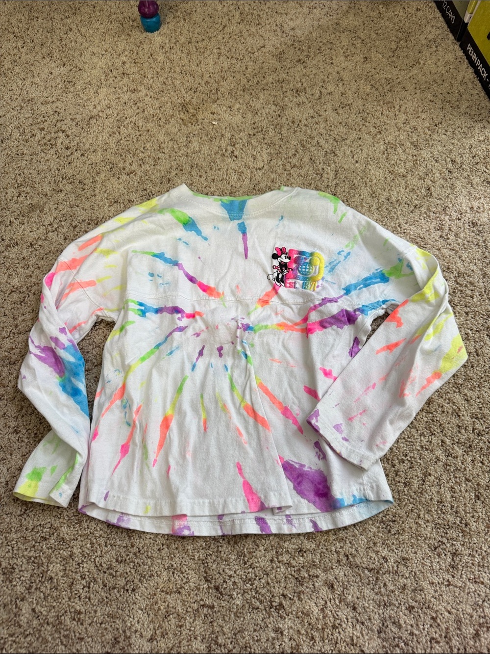 Disney White Long Sleeve Tie-Dye Top with Neon Pink, Blue & Yellow Accents